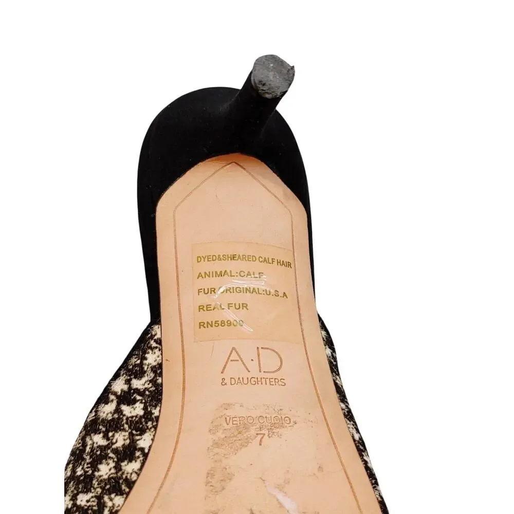 AD & Daughters Velvet Bow Calfskin Houndstooth Kitten Heel Mules Black White US7